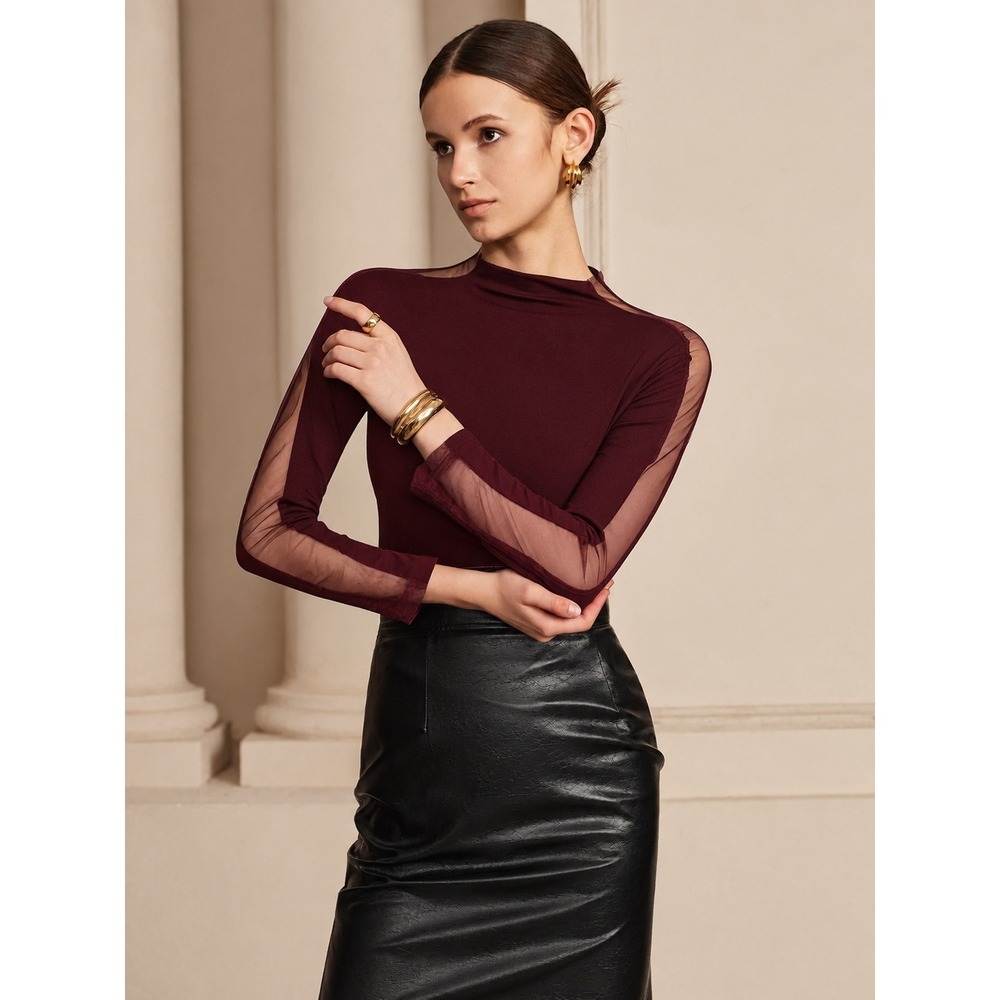 COMMENSE Burgundy Sheer Mesh Panel Mock Neck Long Sleeve Top Size XS